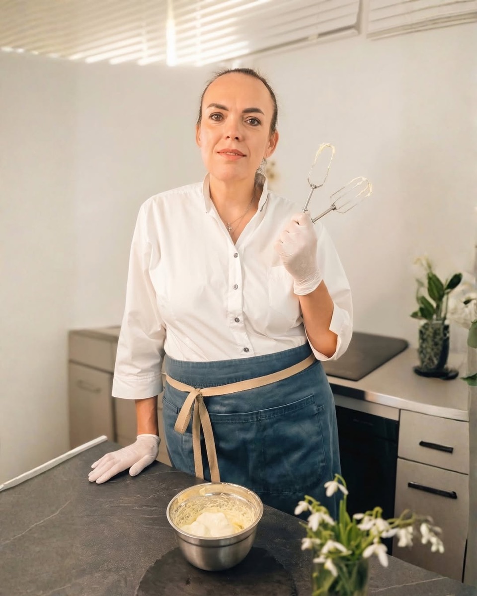 Iryna in weisser Jacke und Schürze in ihrer Küche