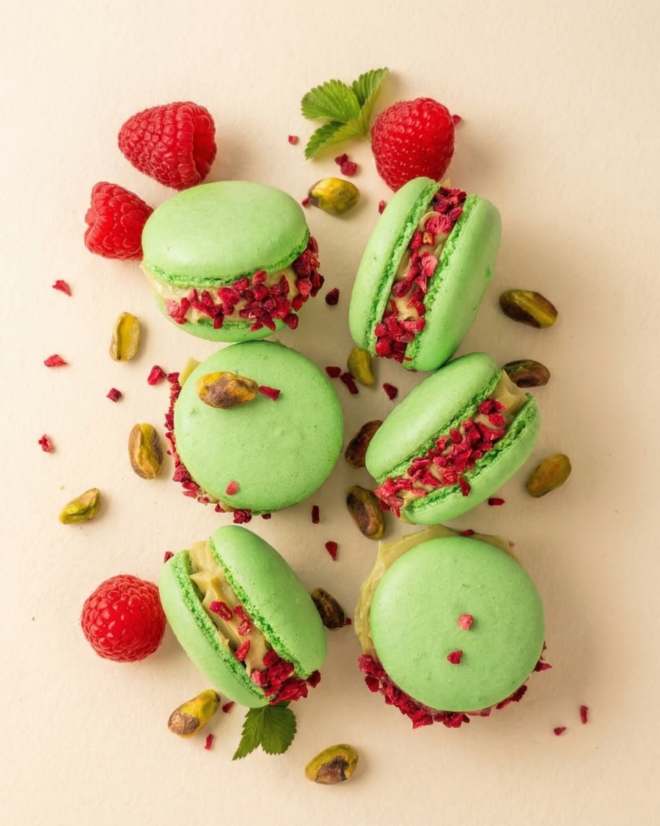 Grüne Macarons mit Himbeeren und Pistazien